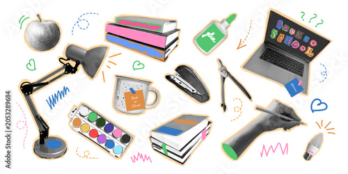 Collage Halftone School Supplies Stationery Laptop Light Bulb Hands Books Back to School set sticker Trendy Modern retro Cutout Elements Concept for school College university study Vector illustration