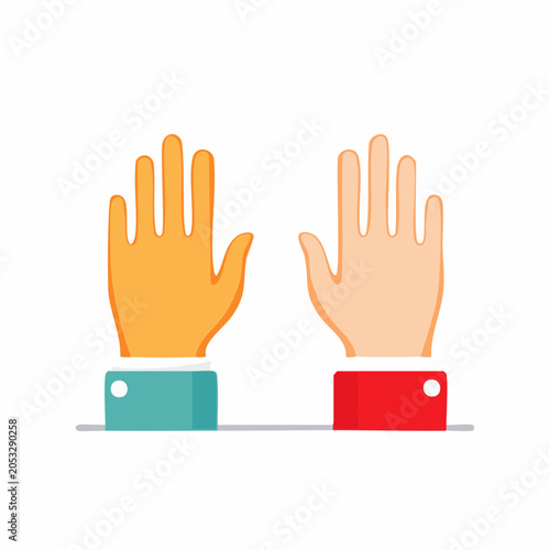 Two hands raised, one orange and one skin tone, with different colored cuffs