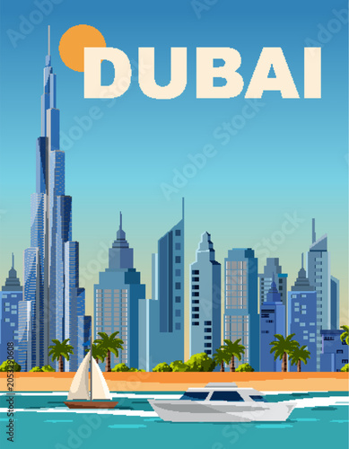 Flat Vector Travel Poster of Dubai Skyline with Burj Khalifa and Boats