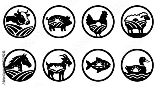 Quadro su tela Farm Animals Icons Set: Cow, Pig, Chicken, Sheep, Horse, Goat, Fish, Duck
