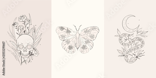 Bild auf Leinwand Floral Skull Butterfly And Snake Triptych Line Art Illustration
