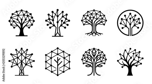Abstract Geometric Tree Logos, Network, Technology, Innovation, Vector Icons