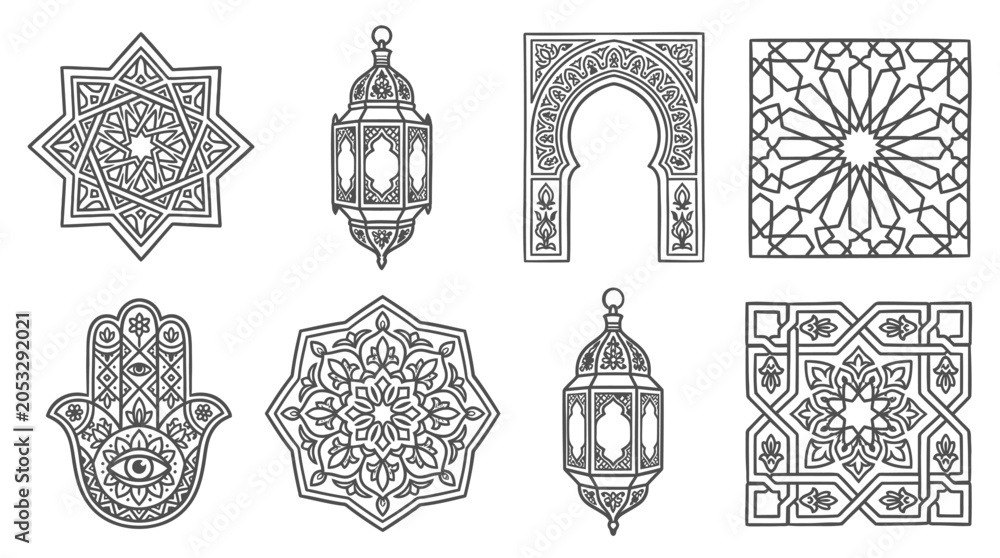 Fotografie Moroccan Geometric Patterns & Islamic Ornaments: Lanterns, Arch, Hamsa