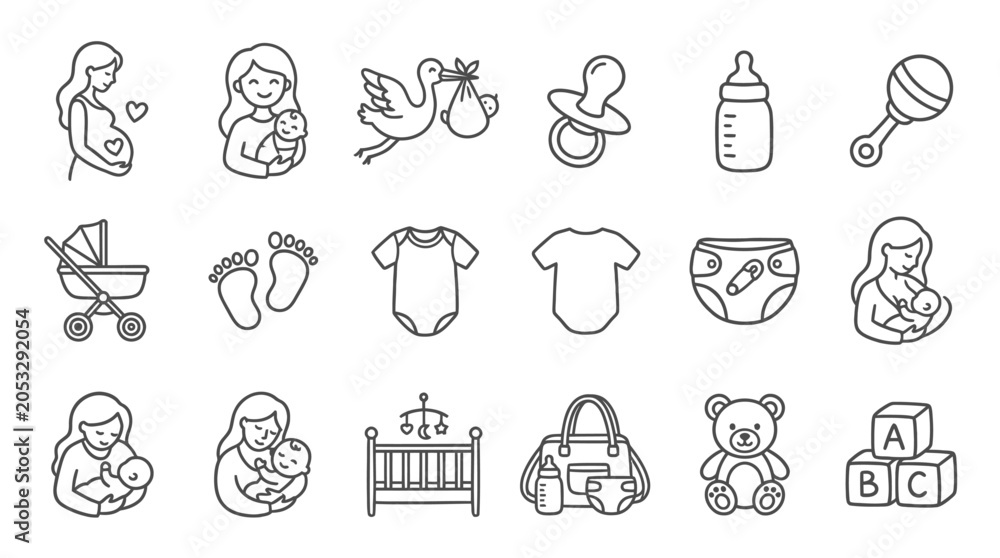 Fototapeta premium Baby Icons Set: Newborn, Pregnancy, Motherhood, Stork, Pram, Toys, Clothes