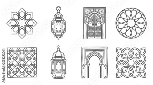 Islamic Geometric Patterns and Lanterns, Arabesque Design Elements