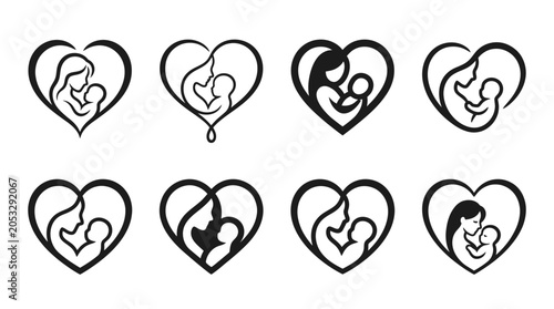Fotografie Motherhood Heart Icons: Mom Holding Baby Silhouette Collection