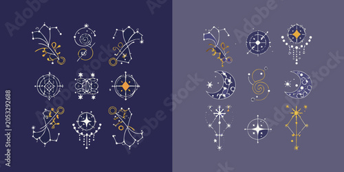 Fotografie Zodiac Symbols And Botanical Elements Vector Illustration On Dark Background