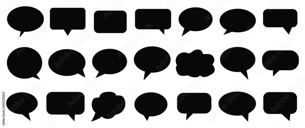Fototapeta premium Collection of blank black speech bubbles and thought bubbles in various shapes. dialog clouds, text boxes, message balloons, communication elements, graphic 