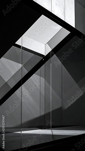 A black and white photo of a modern interior with geometric shapes