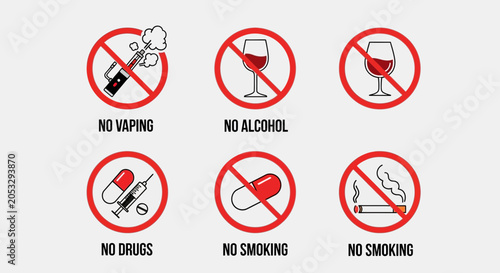Schilderij op canvas No Vaping, Alcohol, Drugs, Smoking Icons - Health and Wellness Symbols