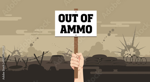 Εκτύπωση καμβά Out of Ammo Sign Held in Hand, Wartime Background with Explosions and Barbed Wir