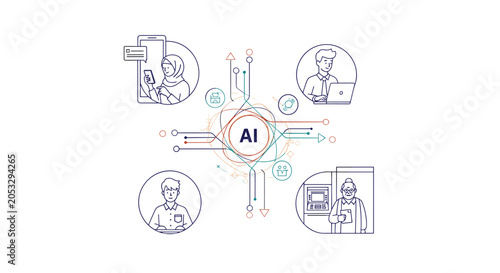 Four diverse demographic users interact with a central artificial intelligence hub through thin colored lines connecting mobile and desktop devices in a white background.
