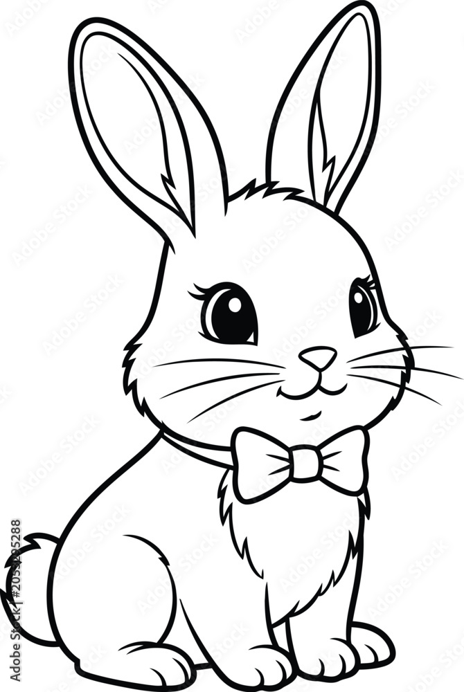 Fototapeta premium Cute bunny with bow tie coloring page for children illustration, coloring