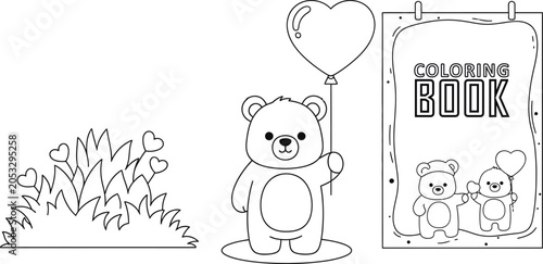 Coloring book page featuring cute teddy bear with heart balloon, coloring