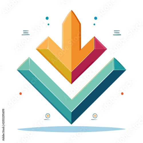 3D downward arrow icon with abstract elements