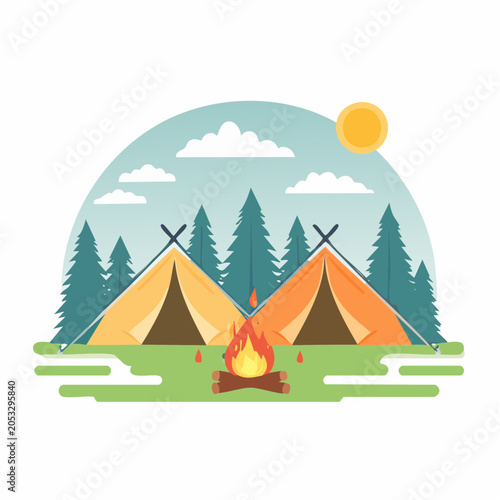 Camping Scene with Tents and Campfire in Forest