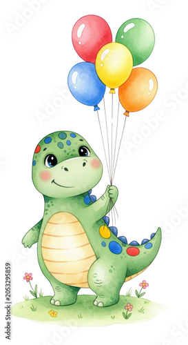 Smiling green dinosaur with colorful balloons 1.