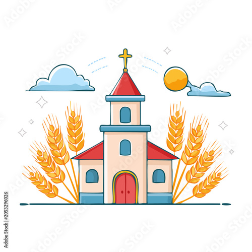 Flat design illustration of a church with wheat stalks and sun
