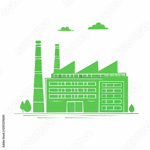 Green Factory Icon with Chimneys and Clouds