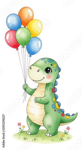Smiling green dinosaur with colorful balloons.