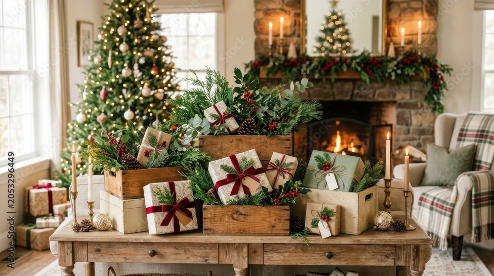 Obraz premium Cozy Christmas living room with decorated tree and fireplace, gifts on table