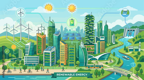 Green smart city skyline with renewable energy and sustainable urban living concept