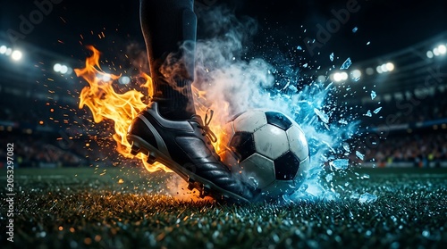 Soccer player kicks ball with fire and ice
