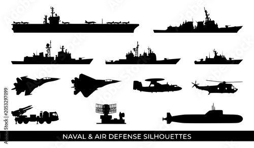 Bild auf Leinwand Naval Warfare Silhouette Set with Aircraft Carrier Destroyers and Fighter Aircra