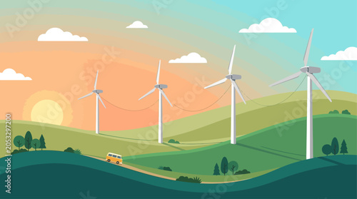 Wind turbines in a green landscape representing renewable energy and sustainable development