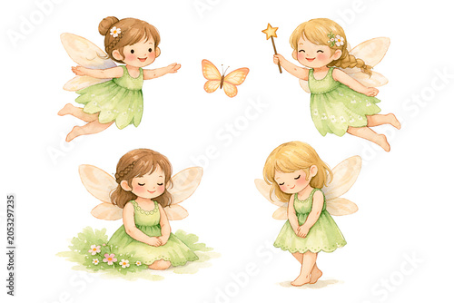 Watercolor cute fairy set isolated on white background