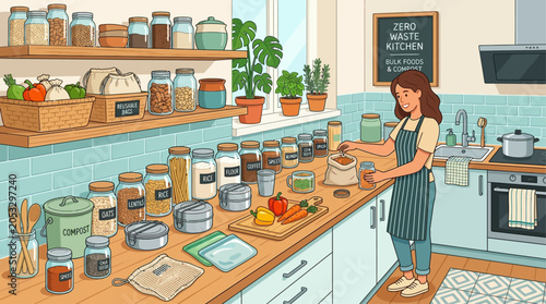 Organic refill store interior with sustainable packaging and zero waste shopping concept