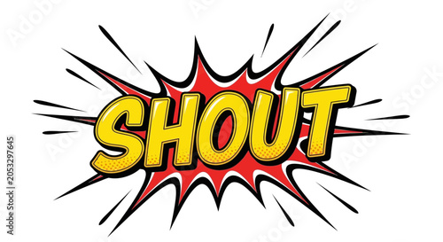 Valokuva Shout Comic Book Speech Bubble Explosion, Bold Yellow Text on Red Background