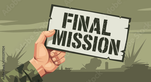 Photography Soldier's Hand Holds Final Mission Sign Amidst War Battle Scene