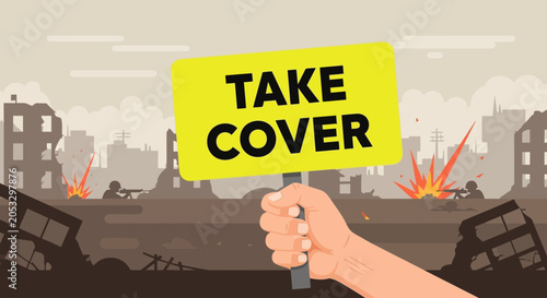 Bilde på lerret Take Cover Sign in War Zone with Destroyed Cityscape and Soldiers