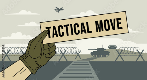 Bild auf Leinwand Tactical Move: Gloved Hand Holds Sign Over Military Landscape with Tank and Plan