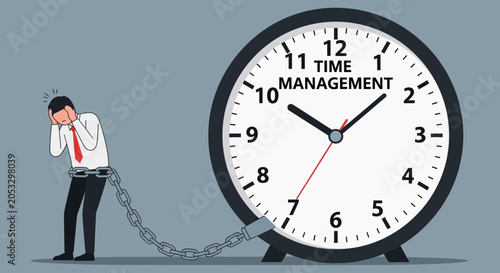 Foto Stressed Businessman Chained to Giant Clock, Time Management Concept