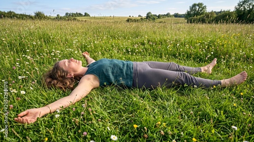Woman Resting on Grass in Peaceful Meadow During Grounding Practice