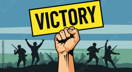 Slika na platnu Victory Celebration: Hand Holding Sign with Soldiers Cheering