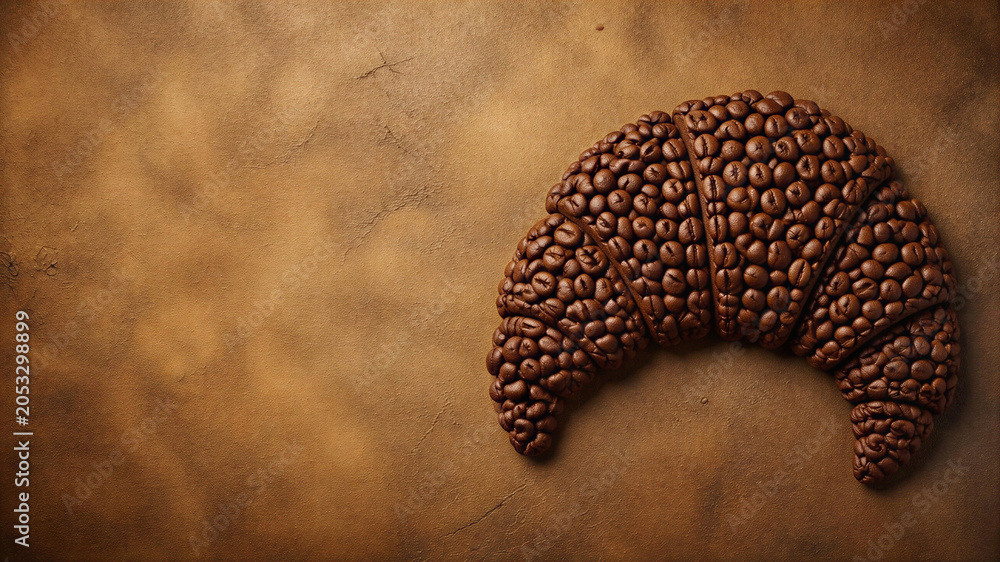 Obraz premium Croissant made from coffee beans background, advertising card for a coffee shop or cafe, horizontal banner, free space for text