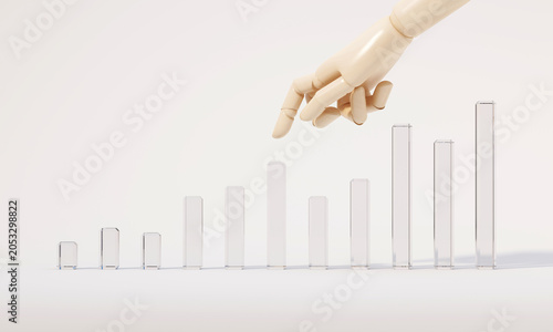 3d rendering of a wooden hand pointing to a rising transparent bar chart on a white background, symbolizing investment growth and positive financial performance.
