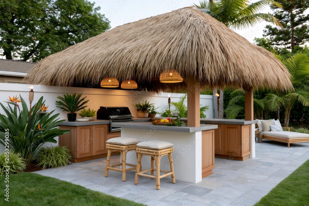 Fototapeta premium Tropical outdoor kitchen with tiki bar design