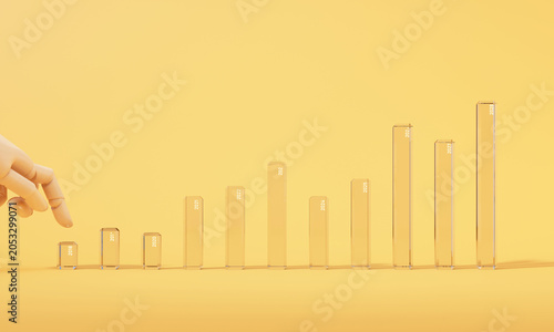 3d rendering of a wooden hand beside a transparent upward bar chart with year labels on a yellow background, representing long term investment growth and success.