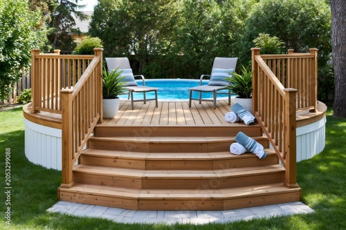 Backyard swimming pool with wooden deck and leisure chairs