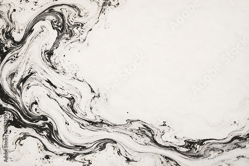 Luxury Japanese Suminagashi Ink Marbling Background with Elegant Flowing Black Waves and Copy Space, Generative AI