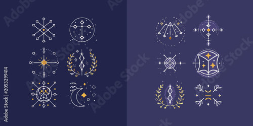 Tablou pe pânză Zodiac botanical symbols vector illustration with geometric and floral elements