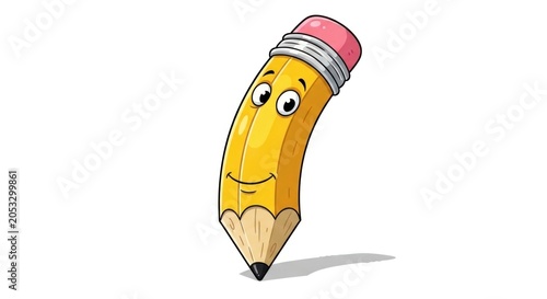 A cartoon pencil with a smiling face and pink eraser on a white background