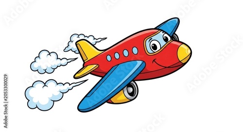 A cartoon airplane with a smiling face and wings soars through the air, leaving behind white clouds