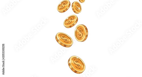 A digital illustration of shiny gold coins falling from the top center against a white background