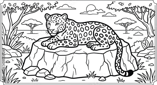 Foto Leopard resting on rock outcrop african savannah line art illustration