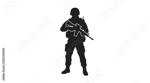 Foto Armed soldier silhouette holding assault rifle standing alert